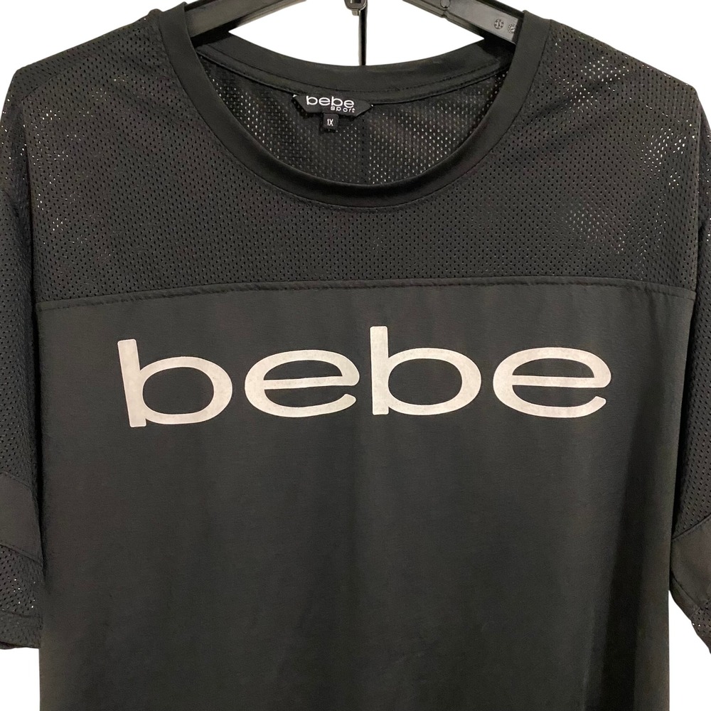 Bebe Sport Y2K Style Jersey Top Womens 1X Black Mesh Logo Graphic Tee - Picture 3 of 6